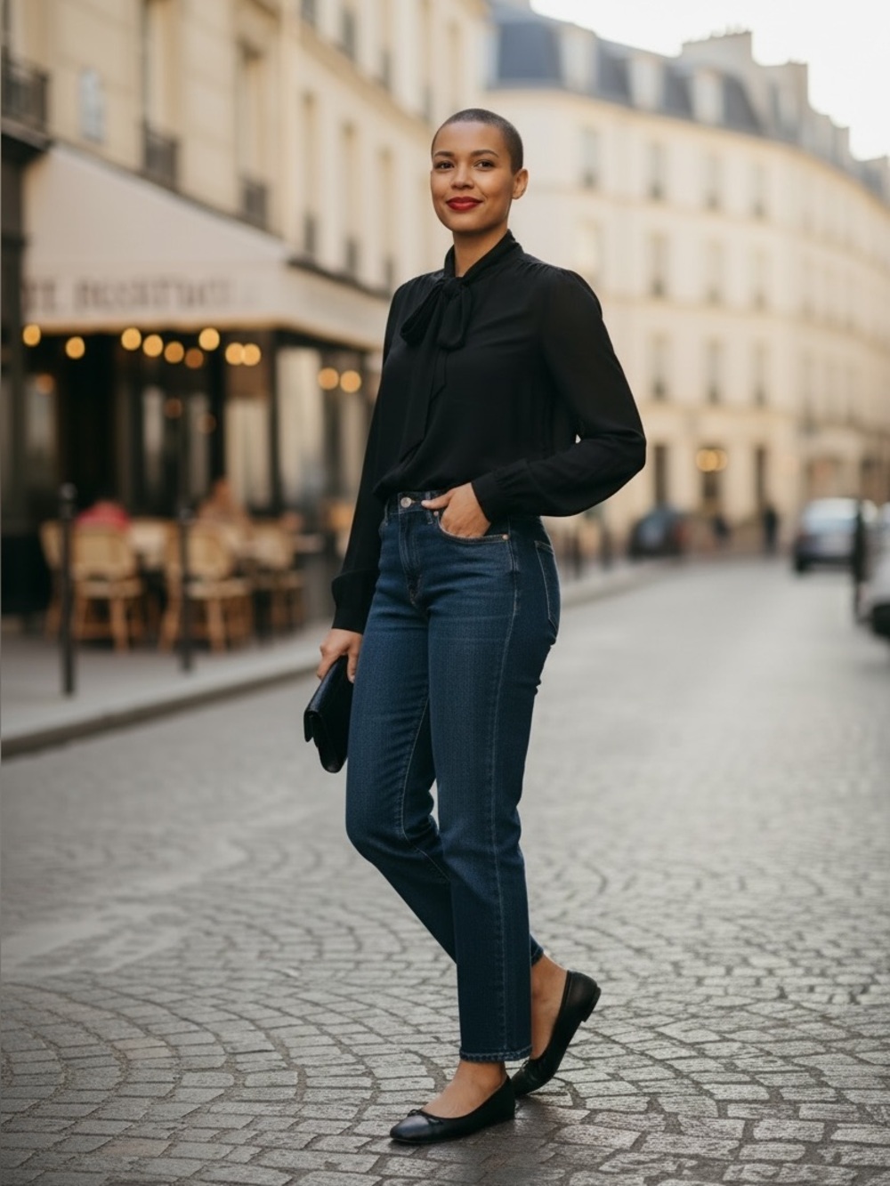French Girl Black Tie Neck Blouse Long Sleeve Parisian Chic Office Top